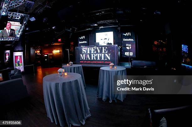 Tables are set at the after party for the 2015 AFI Life Achievement Award Gala Tribute Honoring Steve Martin at the Dolby Theatre on June 4, 2015 in...