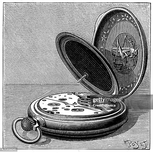 antique illustration of elegant pocket watch - pocket watch stock illustrations