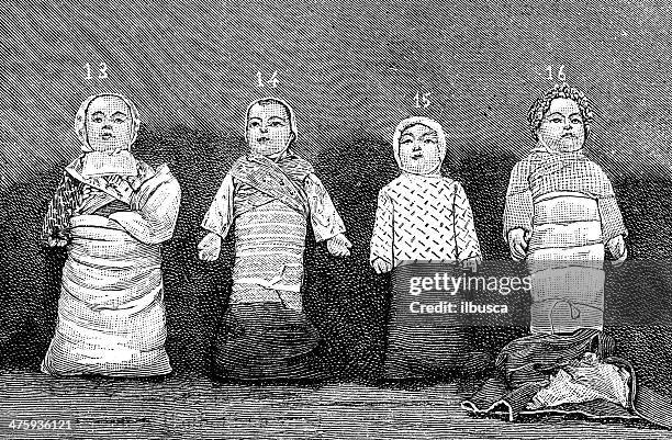 antique illustration of baby wrapping techniques - baby wrapped in bubble wrap stock illustrations