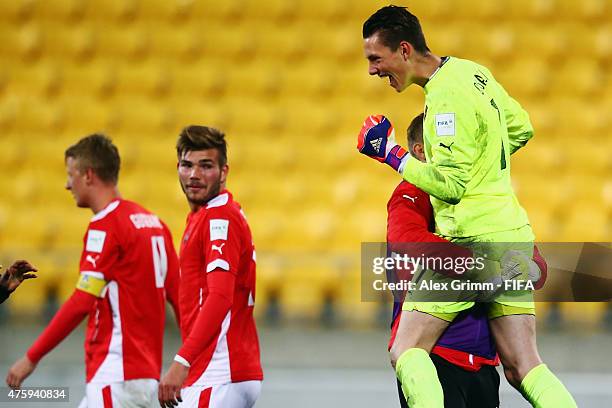 Goalkeeper Tino Casali of Austria celebrates with team mates after the FIFA U-20 World Cup New Zealand 2015 Group B match between Austria and...