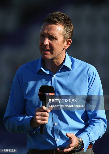 Ex cricketer and Sky commentator Dominic Cork during the NatWest T20 Blast match between Hampshire and Middlesex at the Ageas Bowl on June 4, 2015 in...