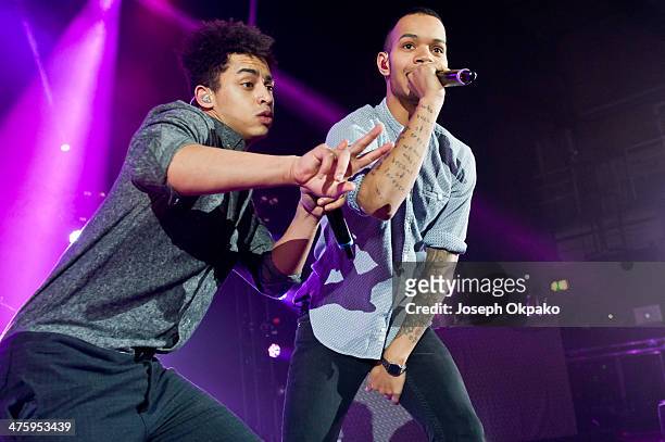 Jordan Stephens and Harley Alexander-Sule of Rizzle Kicks performs on stage at Eventim Apollo, Hammersmith on March 1, 2014 in London, England.
