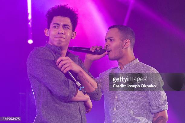 Jordan Stephens and Harley Alexander-Sule of Rizzle Kicks performs on stage at Eventim Apollo, Hammersmith on March 1, 2014 in London, England.