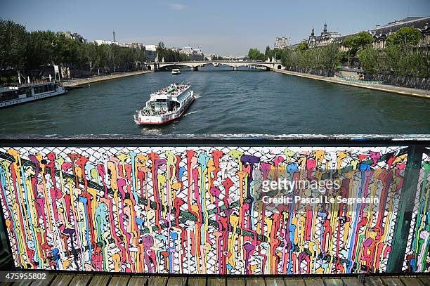 General view of the graffitis is seen during Paris 'Love Padlocks' Replacement By Temporary Panels Signed By Graffiti Artists Brusk, Pantonio, Jace...