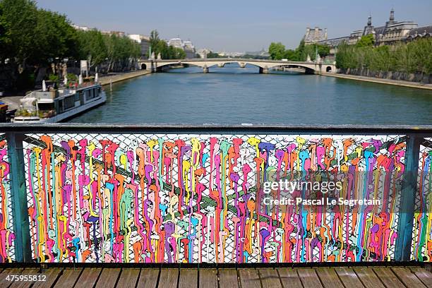 General view of the graffitis is seen during Paris 'Love Padlocks' Replacement By Temporary Panels Signed By Graffiti Artists Brusk, Pantonio, Jace...