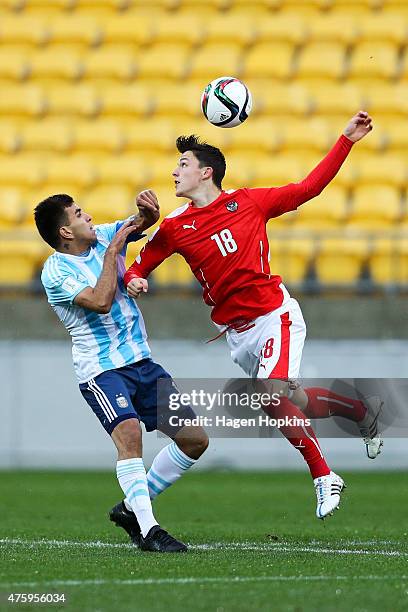 Martin Rasner of Austria wins a header over Angel Correa of Argentina during the FIFA U-20 World Cup New Zealand 2015 Group B match between Austria...