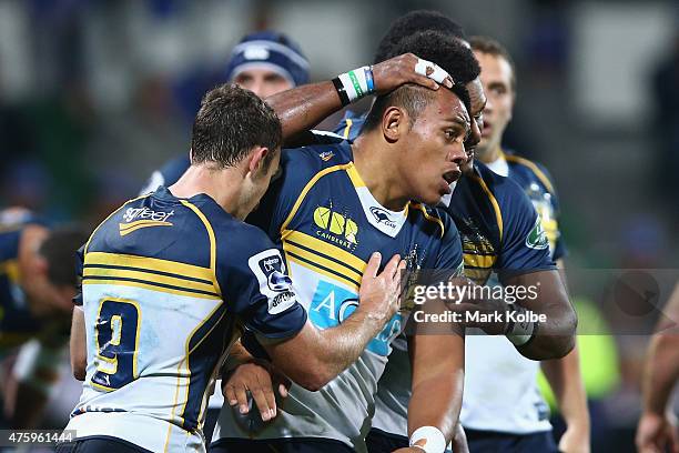 Allan Alaalatoa of the Brumbies celebrates with his team mates after scoring a try during the round 17 Super Rugby match between the Western Force...