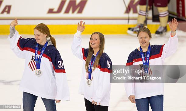 Boston College Woman Eagle hockey players Alex Carpenter, Molly Schaus and Kelli Stack return to Kelley Rink after their silver metal winning...