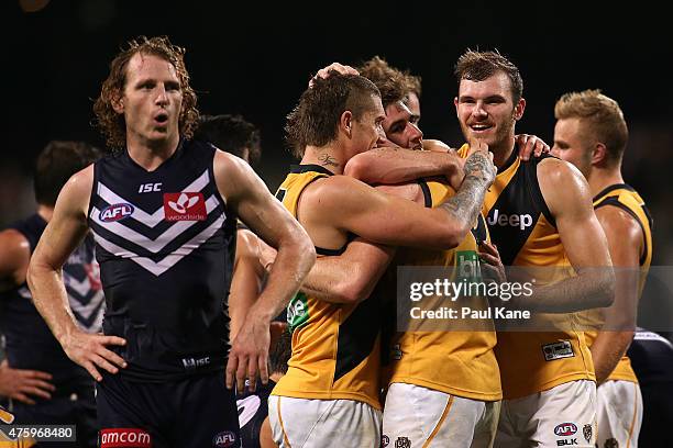 David Mundy of the Dockers looks on as Dustin Martin of the Tigers celebrates with Jack Riewoldt and other team mates after winning the round 10 AFL...