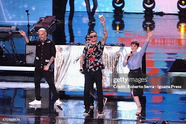 Italian popsinger and authoress Arisa attends the show of Wind Music Awards with the Club Dogo rappers at Arena di Verona on June 4, 2015 in Verona,...