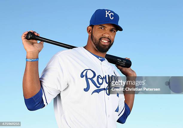 Carlos Peguero of the Kansas City Royals poses for a portrait during spring training photo day at Surprise Stadium on February 24, 2014 in Surprise,...