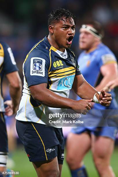 Ita Vaea of the Brumbies celebrates during the round 17 Super Rugby match between the Western Force and the Brumbies at nib Stadium on June 5, 2015...