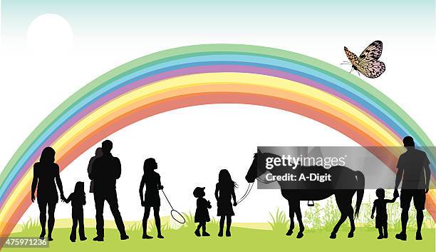 stockillustraties, clipart, cartoons en iconen met end of the rainbow - kids hugging mom cartoon