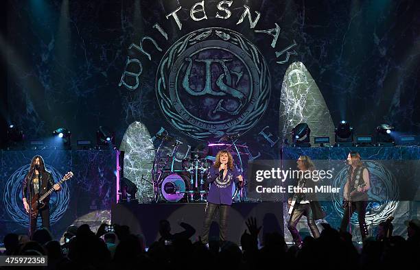 Bassist Michael Devin, singer David Coverdale and guitarists Joel Hoekstra and Reb Beach of Whitesnake perform at The Joint inside the Hard Rock...