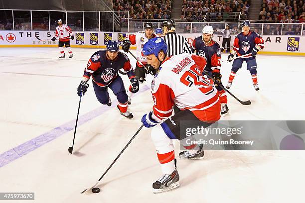 Frazer McLaren of Canada controls the puck during the 2015 Ice Hockey Classic match between the United States of America and Canada at Rod Laver...