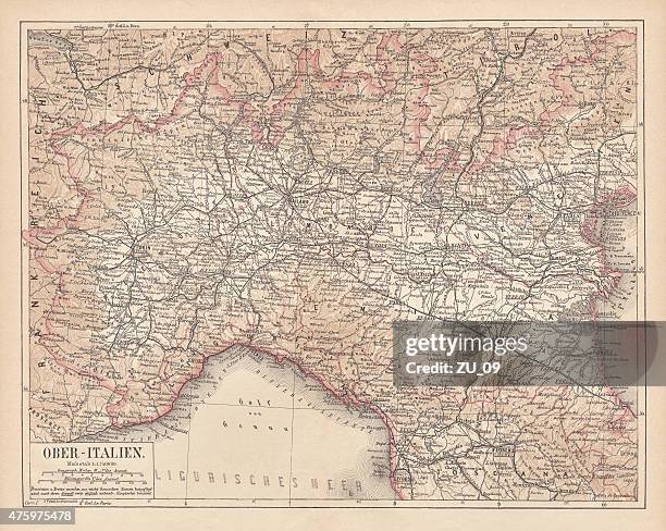 illustrazioni stock, clip art, cartoni animati e icone di tendenza di antica mappa del nord italia, pubblicato nel 1876 - pianura padana