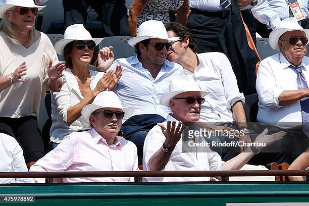 Host Michel Drucker, Pascal Desprez, Patrick Bruel with Caroline Nielsen and CEO of Fnac Alexandre Bompard attend the 2015 Roland Garros French...
