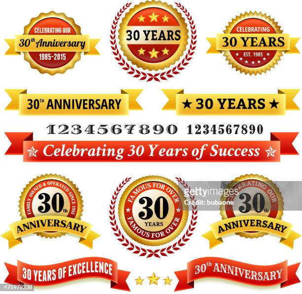 stockillustraties, clipart, cartoons en iconen met thirty year anniversary royalty free vector background with golden badges - 30 34 jaar