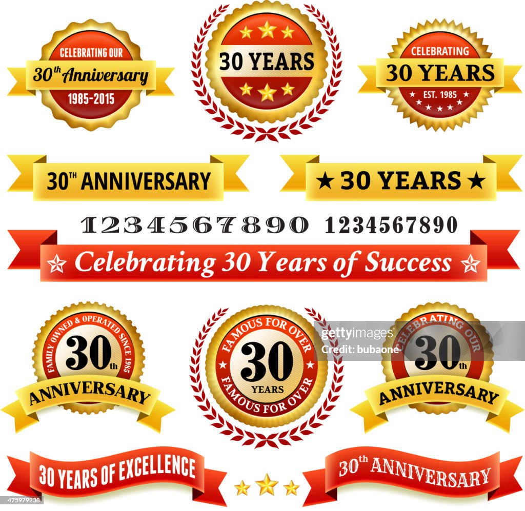 Thirty year anniversary royalty free vector background with golden badges