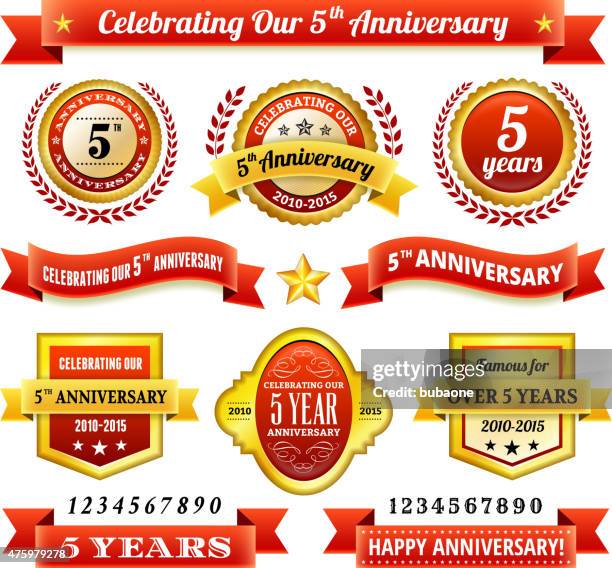 five year anniversary royalty free vector background with golden badges - 5 year stock illustrations