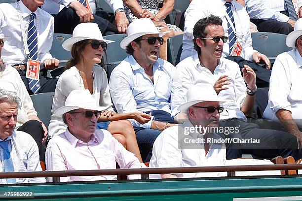 Host Michel Drucker, Pascal Desprez Patrick Bruel with Caroline Nielsen and CEO of Fnac Alexandre Bompard attend the 2015 Roland Garros French Tennis...
