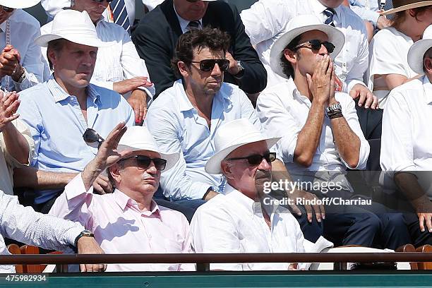 Host Michel Drucker, Pascal Desprez, Patrick Bruel and CEO of Fnac Alexandre Bompard attend the 2015 Roland Garros French Tennis Open - Day Thirteen,...