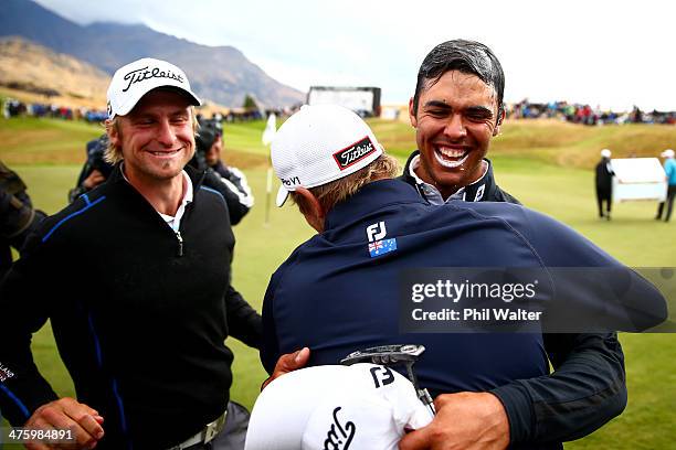 Dimitrios Papadatos of Australia celebrates with friends after winning the New Zealand Open at The Hills Golf Club on March 2, 2014 in Queenstown,...