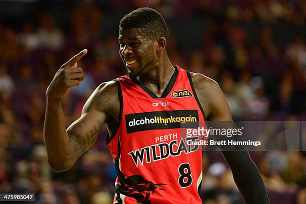 James Ennis of the Wildcats reacts during the round 20 NBL match between the Sydney Kings and the Perth Wildcats at Sydney Entertainment Centre in...