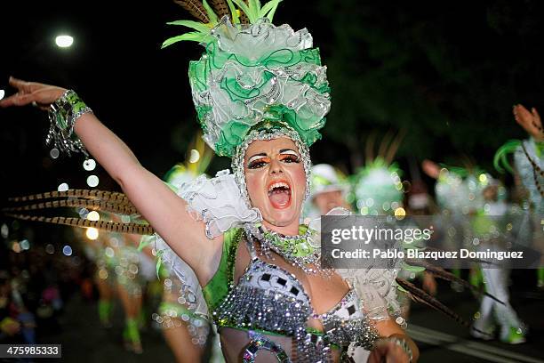 Member of 'Los Cariocas' troupe performs in the troupes dancing contest during the Santa Cruz de Tenerife Carnival on March 1, 2014 in Santa Cruz de...