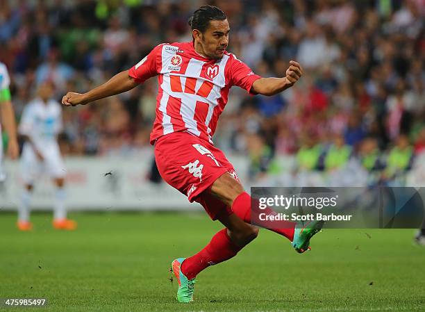 David Williams of the Heart shoots the ball during the round 21 A-League match between Melbourne Heart and Melbourne Victory at AAMI Park on March 1,...