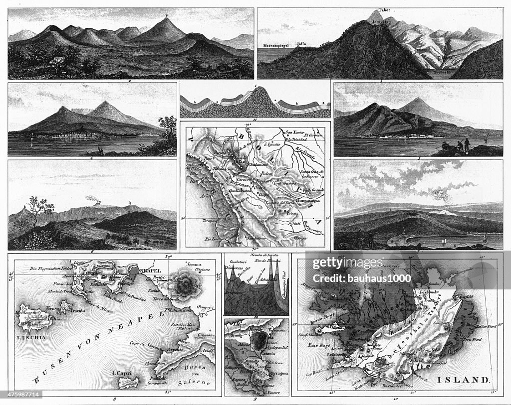 Volcanoes and Volcanic Formations and Stratification Engraving