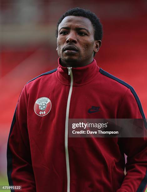 Mohammed Kasola of Qatar during the International friendly match between Northern Ireland and Qatar at The Alexandra Stadium on May 31, 2015 in...