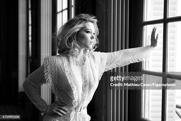 Actress Lea Seydoux is photographed for Madame Figaro on March 25, 2015 in Paris, France. Dress and belt , Unique necklace . Make-up by La...