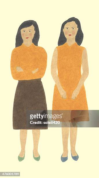 twin sisters - woman studio shot stock illustrations