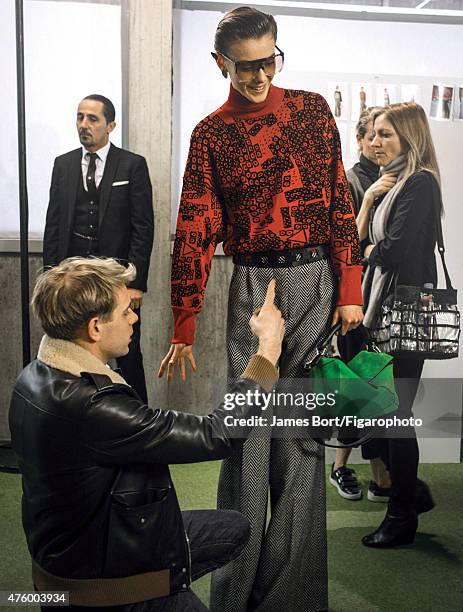 Fashion designer Jonathan Anderson is photographed for Madame Figaro backstage at Loewe's Autumn/Winter 2015- 2016 prêt-à-porter show on March 6,...