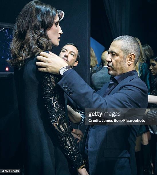 Fashion designer Elie Saab is photographed for Madame Figaro backstage at his Autumn/Winter 2015- 2016 prêt-à-porter show on March 6, 2015 in Paris,...