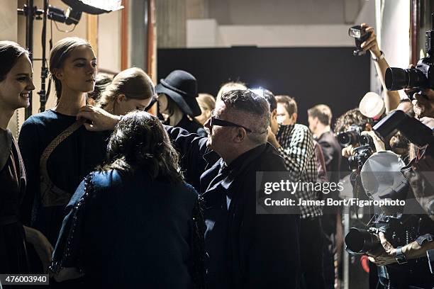 Fashion designer Alber Elbaz is photographed for Madame Figaro backstage at Lanvin's Autumn/Winter 2015- 2016 prêt-à-porter show on March 5, 2015 in...