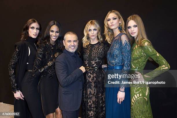 Fashion designer Elie Saab is photographed for Madame Figaro backstage at his Autumn/Winter 2015- 2016 prêt-à-porter show on March 7, 2015 in Paris,...