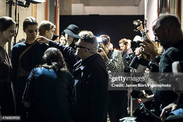 Fashion designer Alber Elbaz is photographed for Madame Figaro backstage at Lanvin's Autumn/Winter 2015- 2016 prêt-à-porter show on March 5, 2015 in...