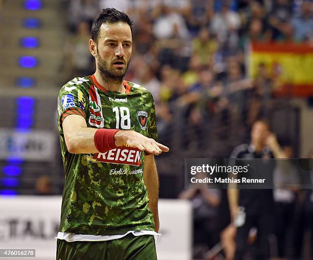 Iker Romero Fernandez of Fuechse Berlin gestures during the game between Fuechse Berlin and SG Flensburg-Handewitt on June 5, 2014 in Berlin, Germany.