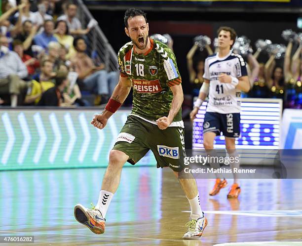 Iker Romero Fernandez of Fuechse Berlin celebrates during the game between Fuechse Berlin and SG Flensburg-Handewitt on June 5, 2014 in Berlin,...