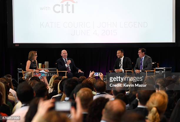 Katie Couric, Jud Linville, CEO, Citi Card, John Legend and Ralph Andretta, Head of North America Branded Cards, Citigroup speak onstage during...