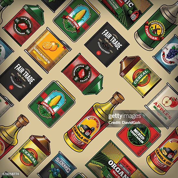 illustrazioni stock, clip art, cartoni animati e icone di tendenza di farm fresco generi di drogheria pattern senza bordi - aceto