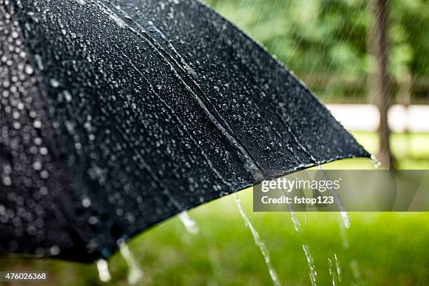 día de lluvia.   raindrops falling on black sombrilla al aire libre.   primavera, el verano. - tormenta tiempo atmosférico fotografías e imágenes de stock