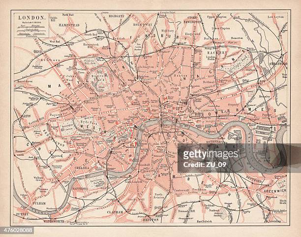 city map of london, lithograph, lithograph, published in 1877 - greater london stock illustrations