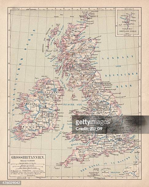 ilustrações, clipart, desenhos animados e ícones de mapa ancestral das ilhas britânicas, publicado em 1876 - mar do norte