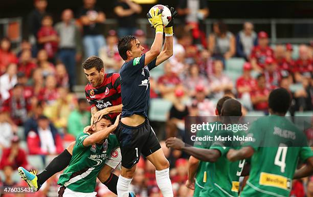Mark Birighitti of the Jets jumps high to make a save during the round 21 A-League match between the Western Sydney Wanderers and the Newcastle Jets...
