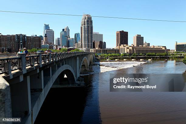 Minneapolis skyline as photographed from the Third Avenue Bridge on May 22, 2015 in Minneapolis, Minnesota.