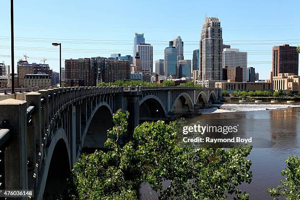 Minneapolis skyline as photographed from the Third Avenue Bridge on May 22, 2015 in Minneapolis, Minnesota.