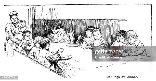 victorian toddlers eating a nursery meal - baby nursery hospital stock illustrations